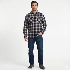 L L Bean mens flannel shirt soft cotton plaid outdoor XL navy